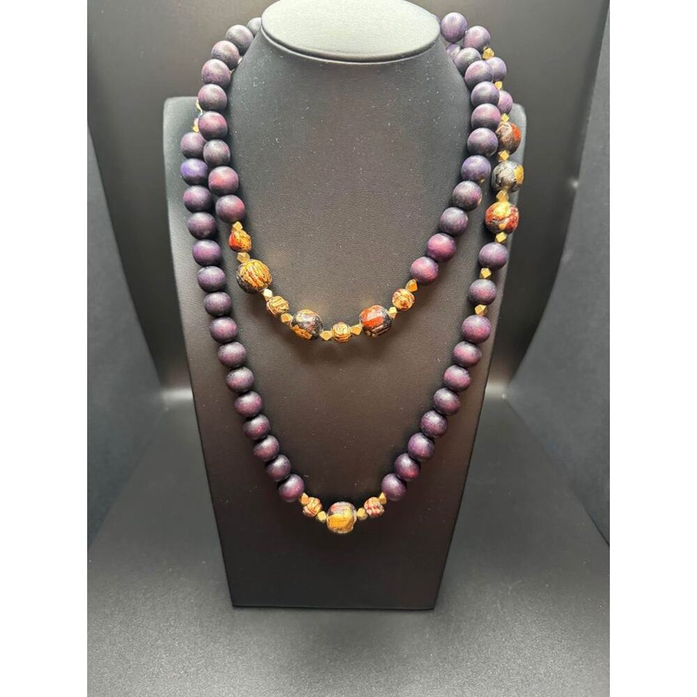 Vintage Wooden and Handmade Gold Leaf Beaded Necklace by Melina